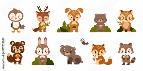 Cute cartoon animal illustrations featuring a penguin deer and various mammals