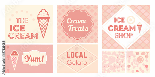 A collection of pastel pink and peach ice cream themed graphic panels