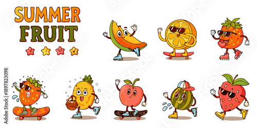 Anthropomorphic summer fruits skateboarding and roller skating cheerfully