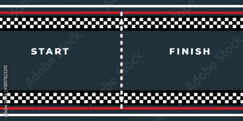 A racing start and finish line with checkered flags and text