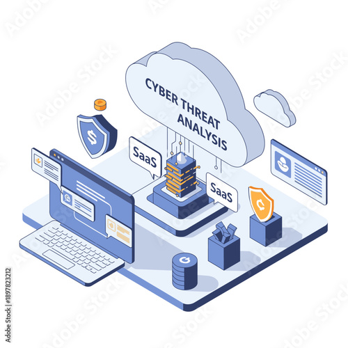 Cyber threat analysis concept with laptop and cloud computing elements.