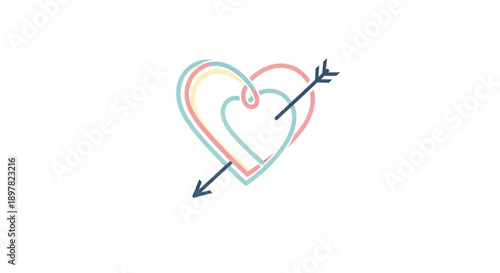 Colorful heart pierced by arrow symbolizing love and passion on white background