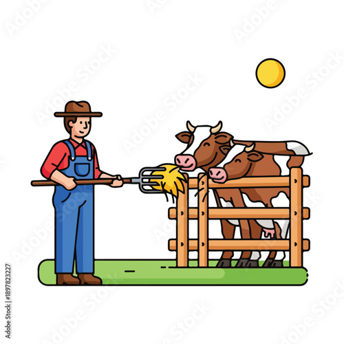 A man feeds cows on a farm