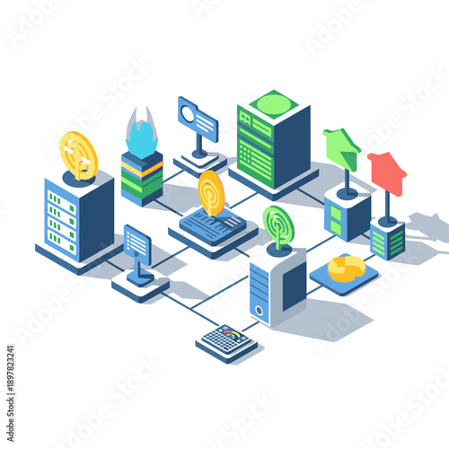 Isometric illustration of digital currency and online transactions network.