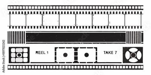 Black and white film strip with reel and take indicators displayed
