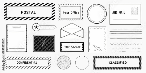 Collection of black and white postal stamps envelopes and classified seals