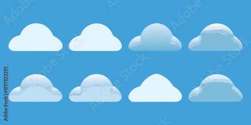 A series of white cloud shapes against a bright blue background