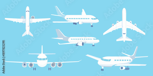 Several white passenger airplanes shown from various aerial perspectives