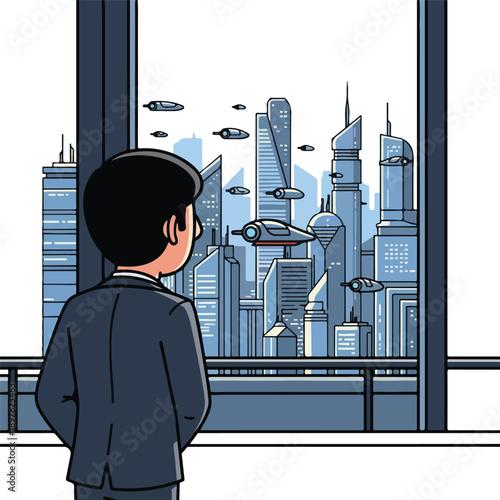 A man gazes out at a futuristic cityscape