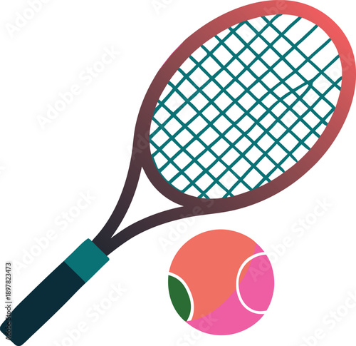 Tennis Racket and Ball Illustration Representing Sports Fitness Training Active Lifestyle and Professional Match Equipment Concept in Modern Flat Design Style