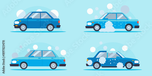 Four blue cars undergoing various stages of a car wash process