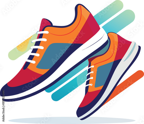 Colorful Sport Sneakers Illustration Representing Running Fitness Training Active Lifestyle and Modern Fashion Footwear Concept in Dynamic Flat Design Style