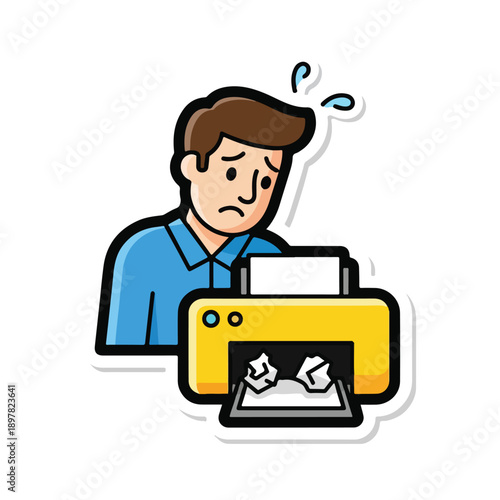 A man frustrated with a jammed printer