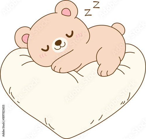 Cute teddy bear sleeping on heart shaped pillow, conveying warmth and affection, perfect for Valentine Day gifts
