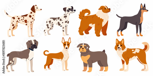 Colorful cartoon illustration featuring a diverse collection of dog breeds