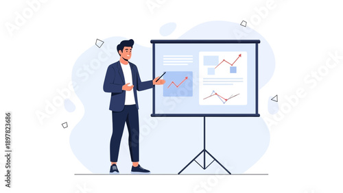 Man presenting business growth charts on a projection screen during a meeting.