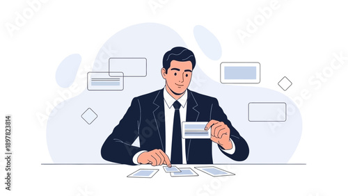 Businessman holding credit card, making financial decision, planning