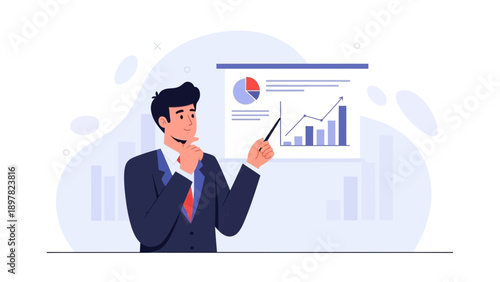 Businessman presenting financial report with charts and graphs on screen