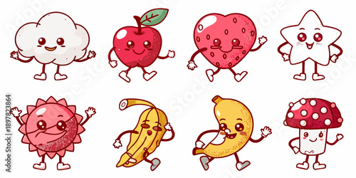 Cute cartoon fruits and vegetables with smiling faces waving cheerfully