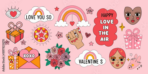 Colorful valentine s day themed stickers and illustrations on a pink background