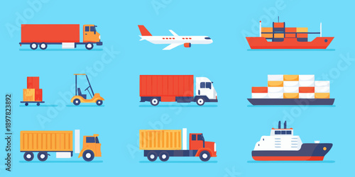 Various modes of transportation and cargo depicted in a flat vector style