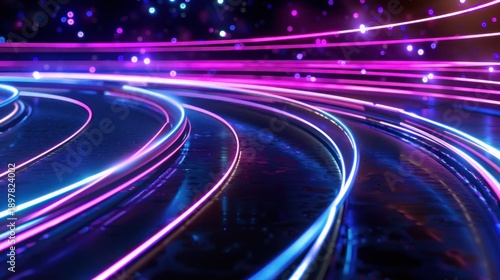 Abstract vibrant light trails illuminated in purple and blue colors creating dynamic patterns and movement on a dark background