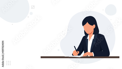 Businesswoman writing at desk, flat illustration, professional concept