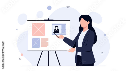 Businesswoman presenting a project on a whiteboard, modern illustration