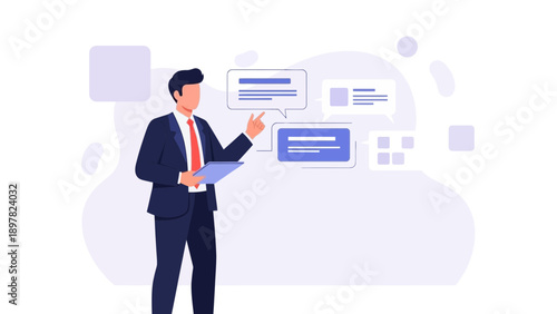 Businessman presenting ideas with speech bubbles and digital tablet