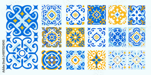 Collection of vibrant portuguese azulejo ceramic tiles in repeating patterns