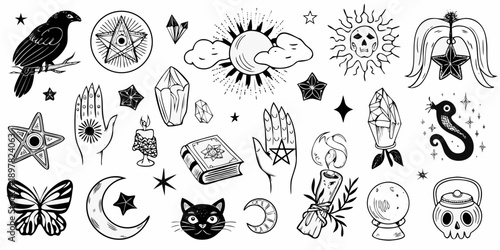 Occult and celestial themed hand drawn illustrations in black and white