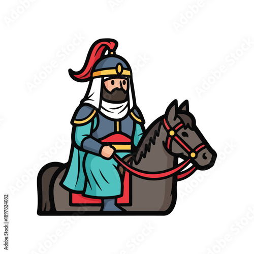 A man in a blue and gold uniform rides a horse