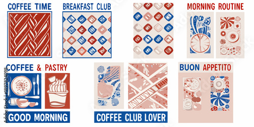 A collage of colorful patterned squares with coffee and breakfast themed text