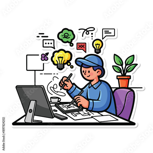 A man in a blue shirt and cap working on a computer and graphics tablet