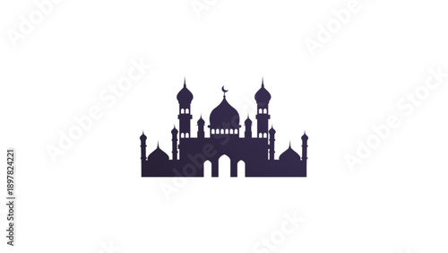 A dark silhouette of a mosque featuring multiple domes and minarets.