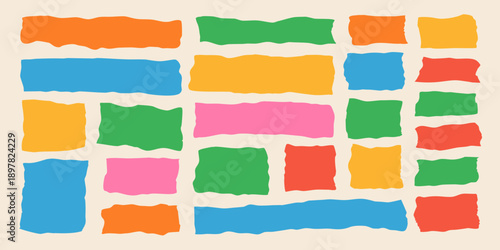 Abstract arrangement of colorful torn paper shapes against a cream background