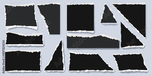Collection of torn paper pieces with ragged edges on a light background