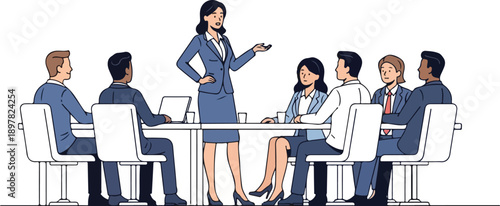 Illustration of a confident CEO presenting to a diverse team of business professionals in a meeting with a clean white background.