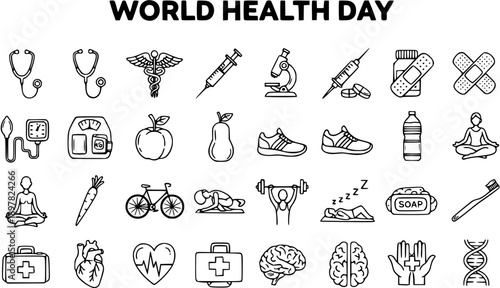 World Health Day Medical and Wellness Outline Icons Set. Black and White Line Art Symbols for Healthcare, Healthy Lifestyle, and Medical Concepts.