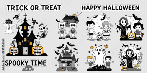 A halloween themed illustration with ghosts castles and pumpkins