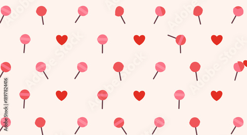 A pattern of red and pink hearts and lollipops on a light pink background.