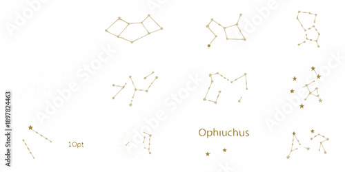 Constellation diagrams and the ophiuchus constellation depicted in gold