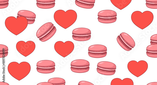 Colorful pattern of macarons and hearts.