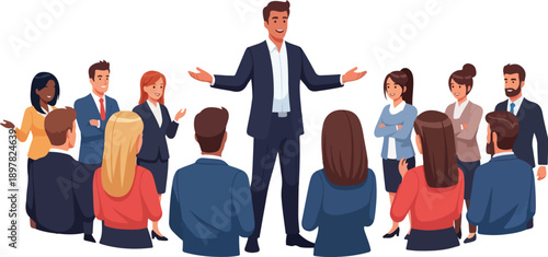A cartoon CEO in a suit addresses a diverse group of employees seated in a circle on a white background with a presentation.