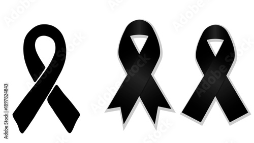 Tableau sur toile Set of three black mourning ribbon icons, minimal and clean design, symbol of grief, remembrance, and loss, suitable for memorial, obituary, awareness, and condolence visuals