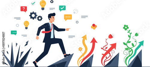 A determined CEO in a business suit steps forward with confidence, surrounded by floating icons and symbols indicating growth and progress on a white background with a mix of red, yellow,