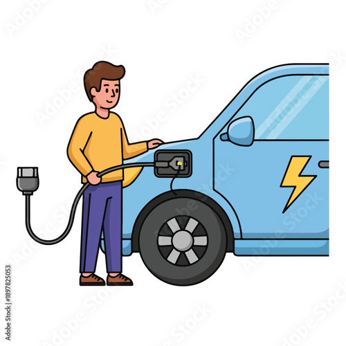 A man in a yellow shirt charges a blue electric car