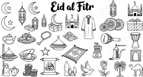 Eid al Fitr Islamic Holiday Icons - Black and White Line Art Vector Set