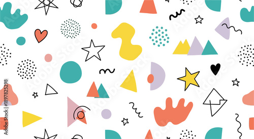 A vibrant and playful seamless pattern featuring an assortment of colorful abstract geometric shapes, organic blobs, and hand-drawn doodles like stars and hearts on a white background.