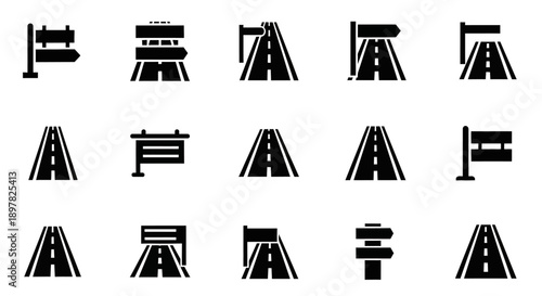 Geometric vector icon set featuring various road signs and curvy road designs for navigation and transportation projects